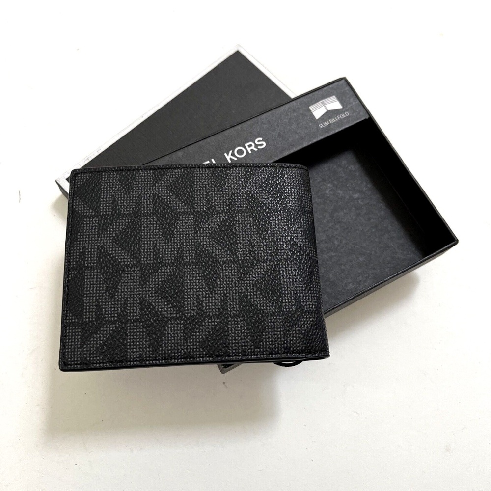 2pc MICHAEL KORS Slim Billfold Wallet Set Black Gray / Brown Logo Boxed Gift NWT - Picture 10 of 13